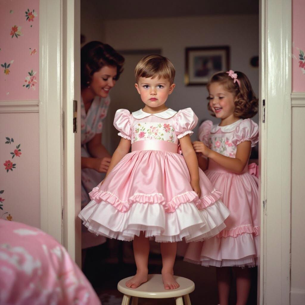 1960s Boy Pouts While Cross-Dressed in Girl's Room