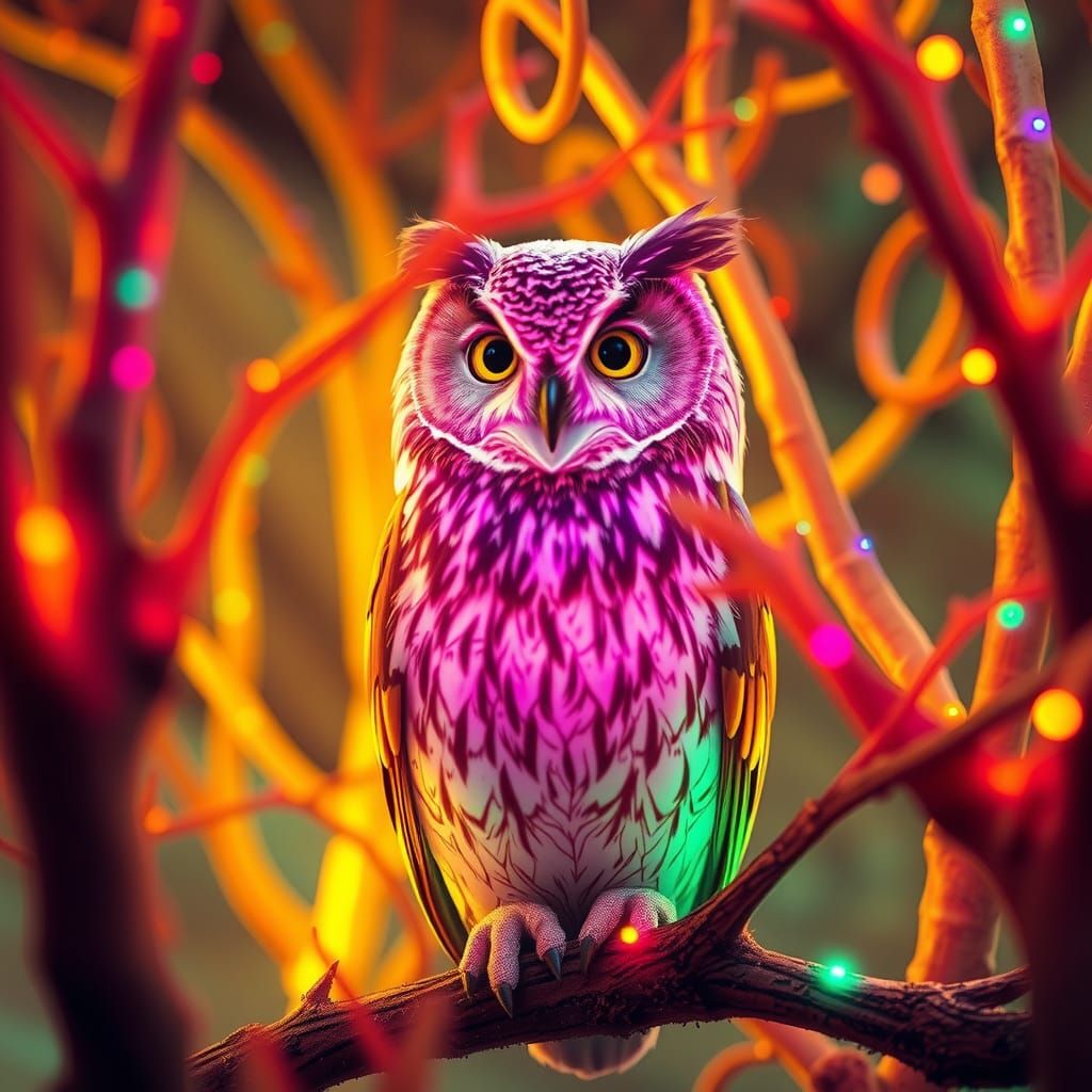 Neon Sugar Owl in Rainbow Starry Trees