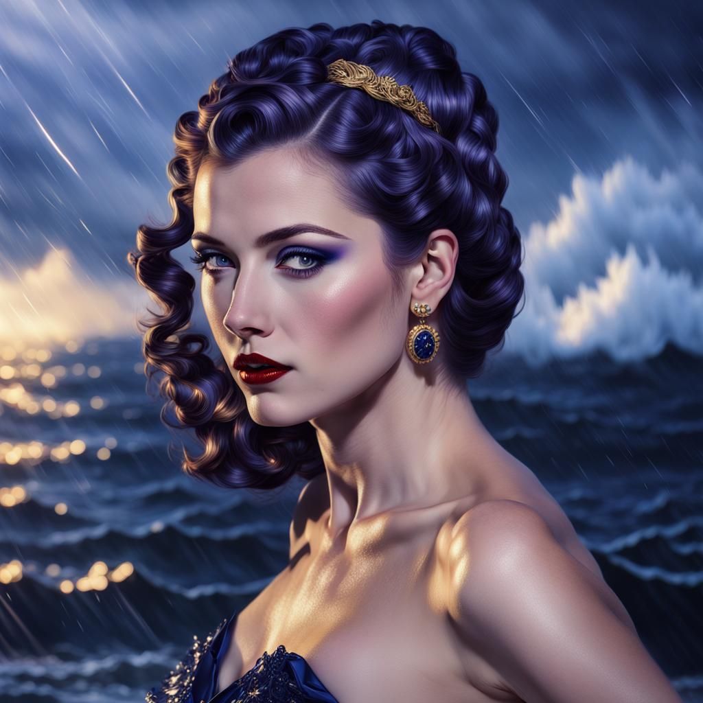 Navy Pinup Model in Art Deco Seascape