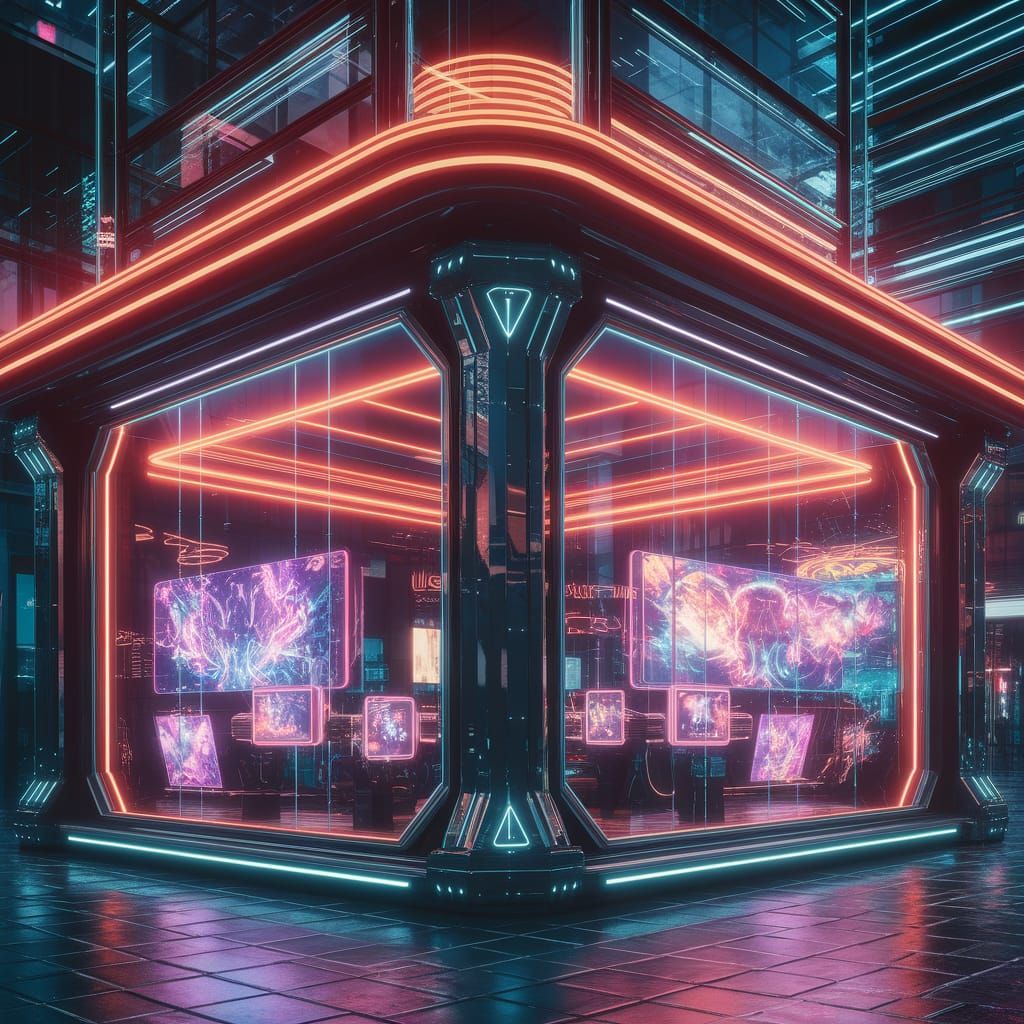 Neon Cyberpunk Virtual Reality Game Shop at Dusk