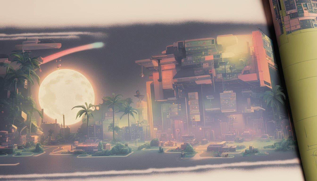 Retrofuturistic Electronic Lab Scene in Neon Colors and Comi...