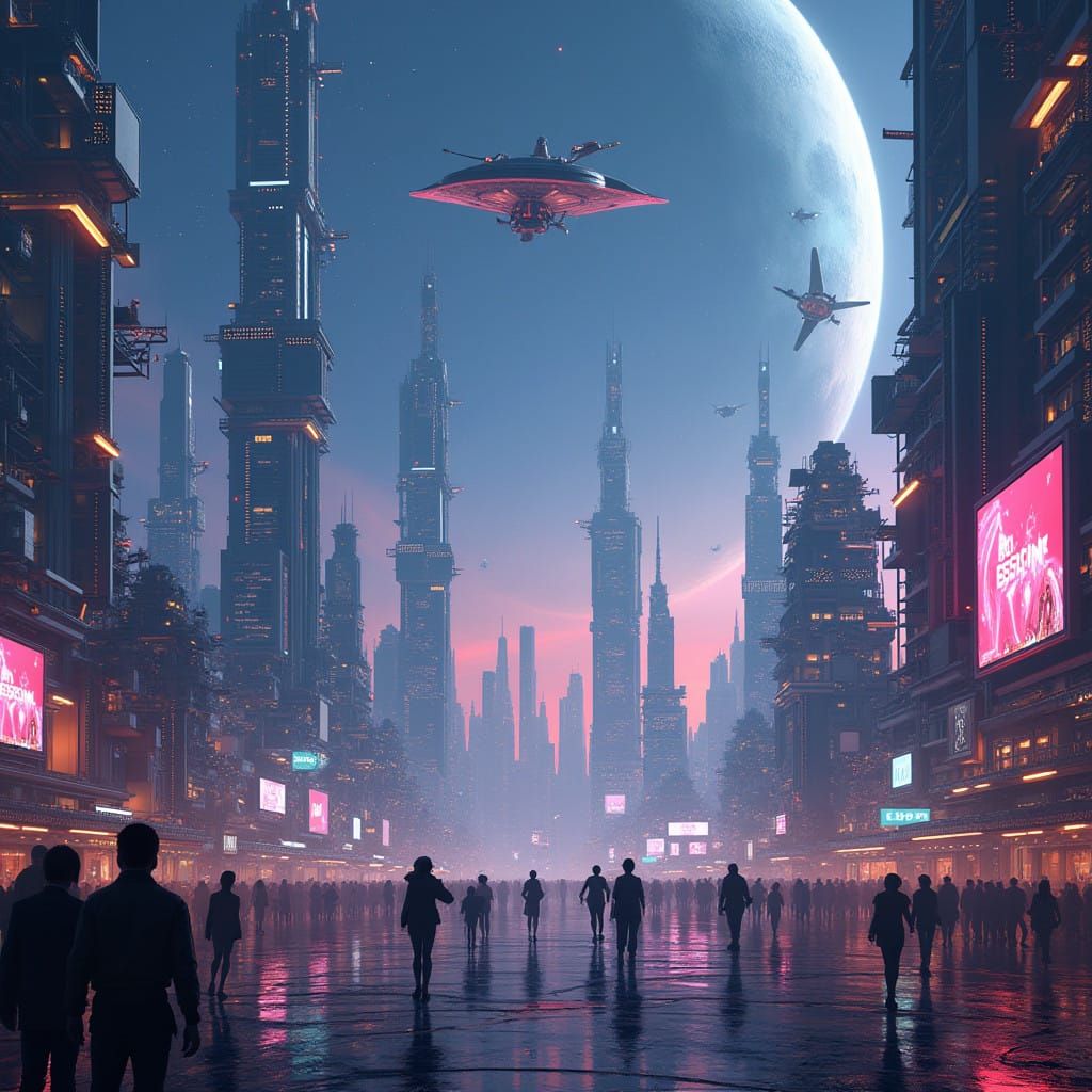 Futuristic Cityscape in Neon Lit Sky
