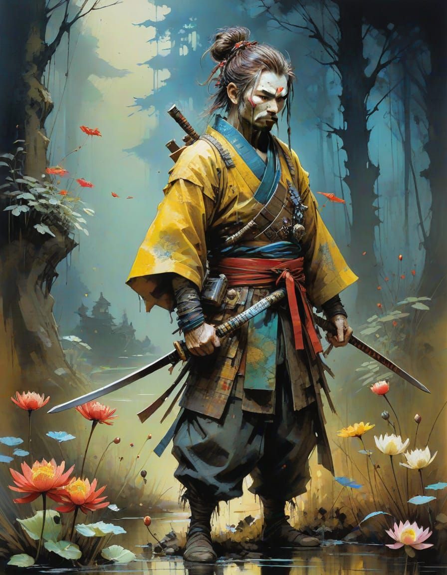 Ethereal Samurai in Vibrant Colors and Golden Armor