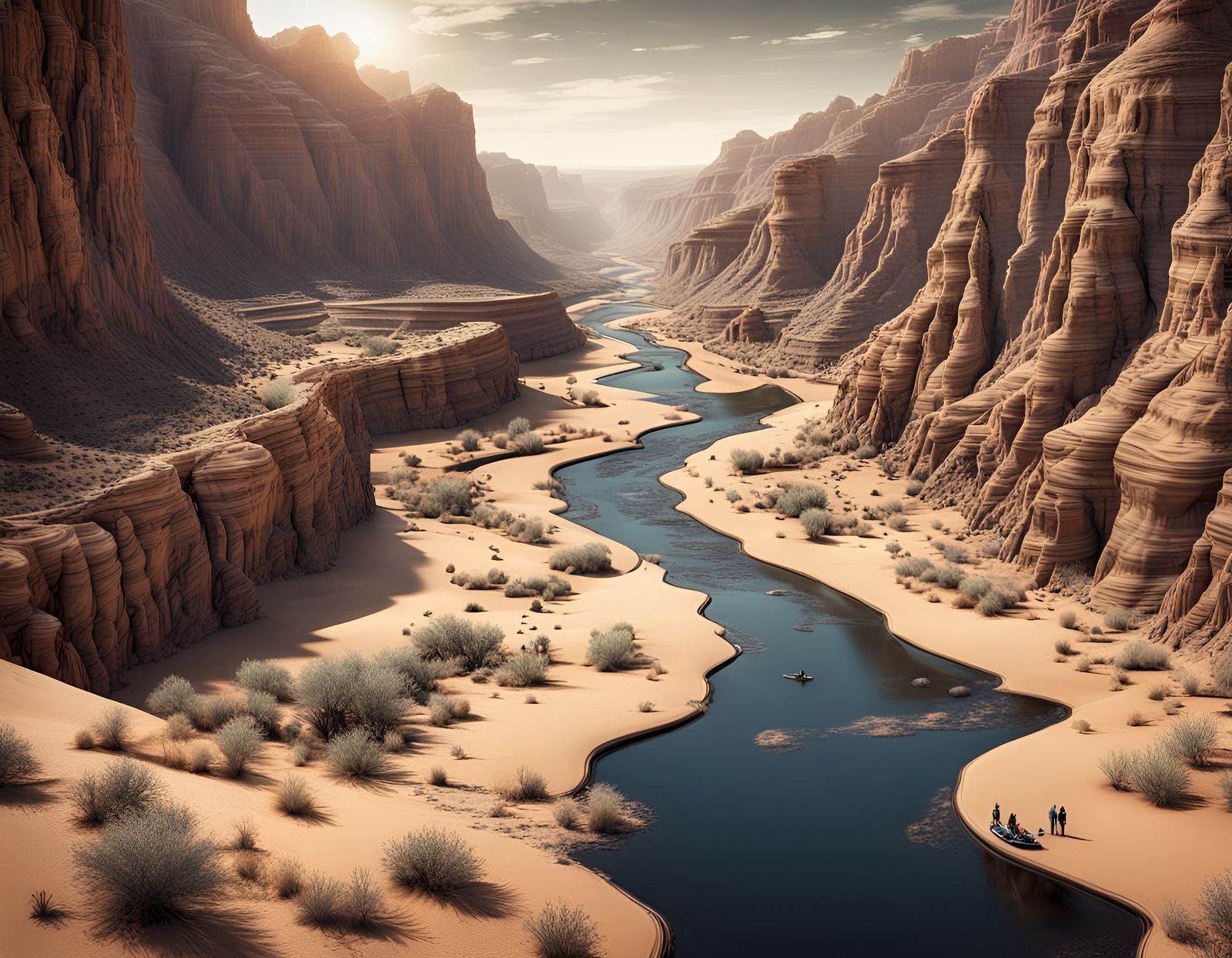 Futuristic Desert Canyon with Dried River, Hyperrealistic HD...