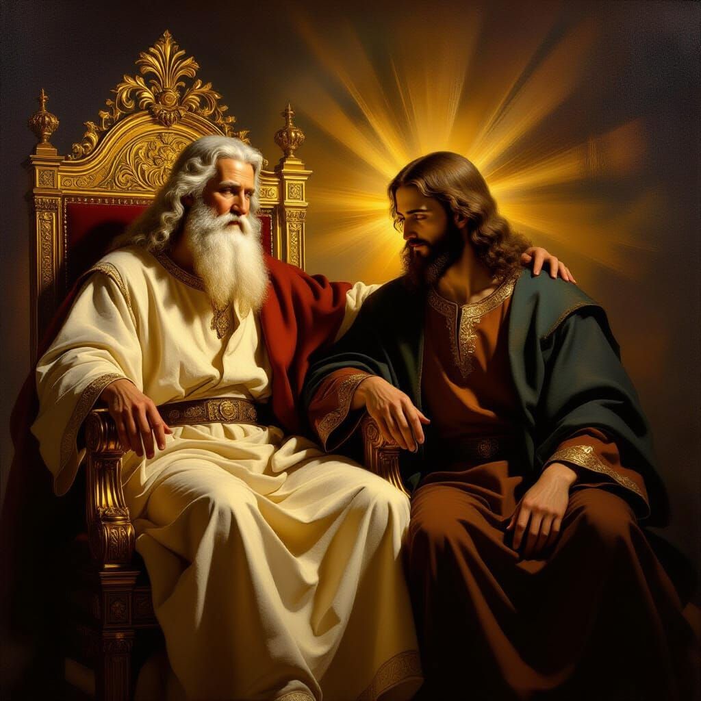 God and Jesus on Throne in Rembrandt Style Oil Painting