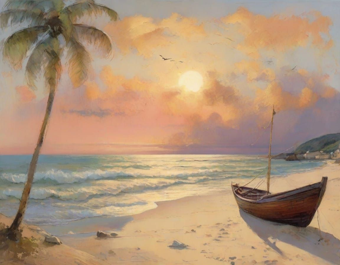 Traditional Wooden Catamarans on Serene Tropical Beach