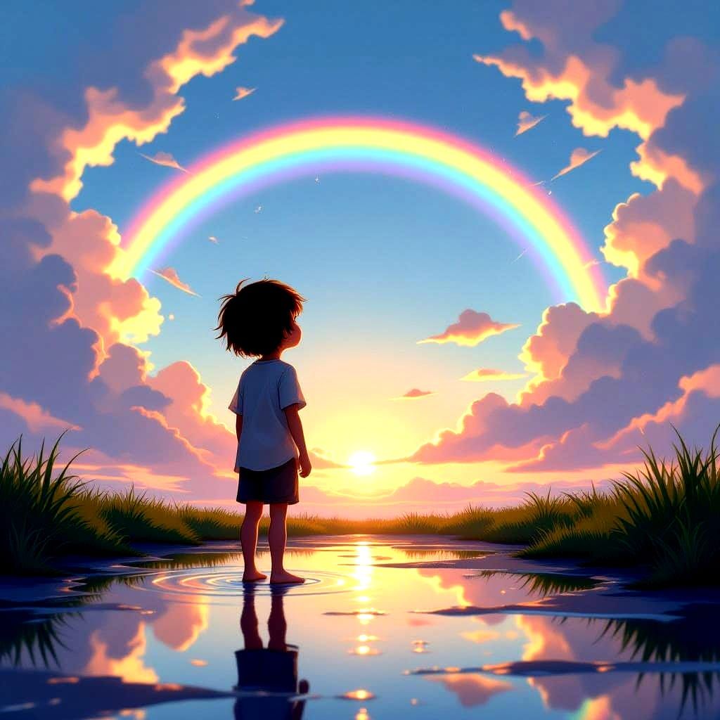 Child Gazes at Double Rainbow After Storm