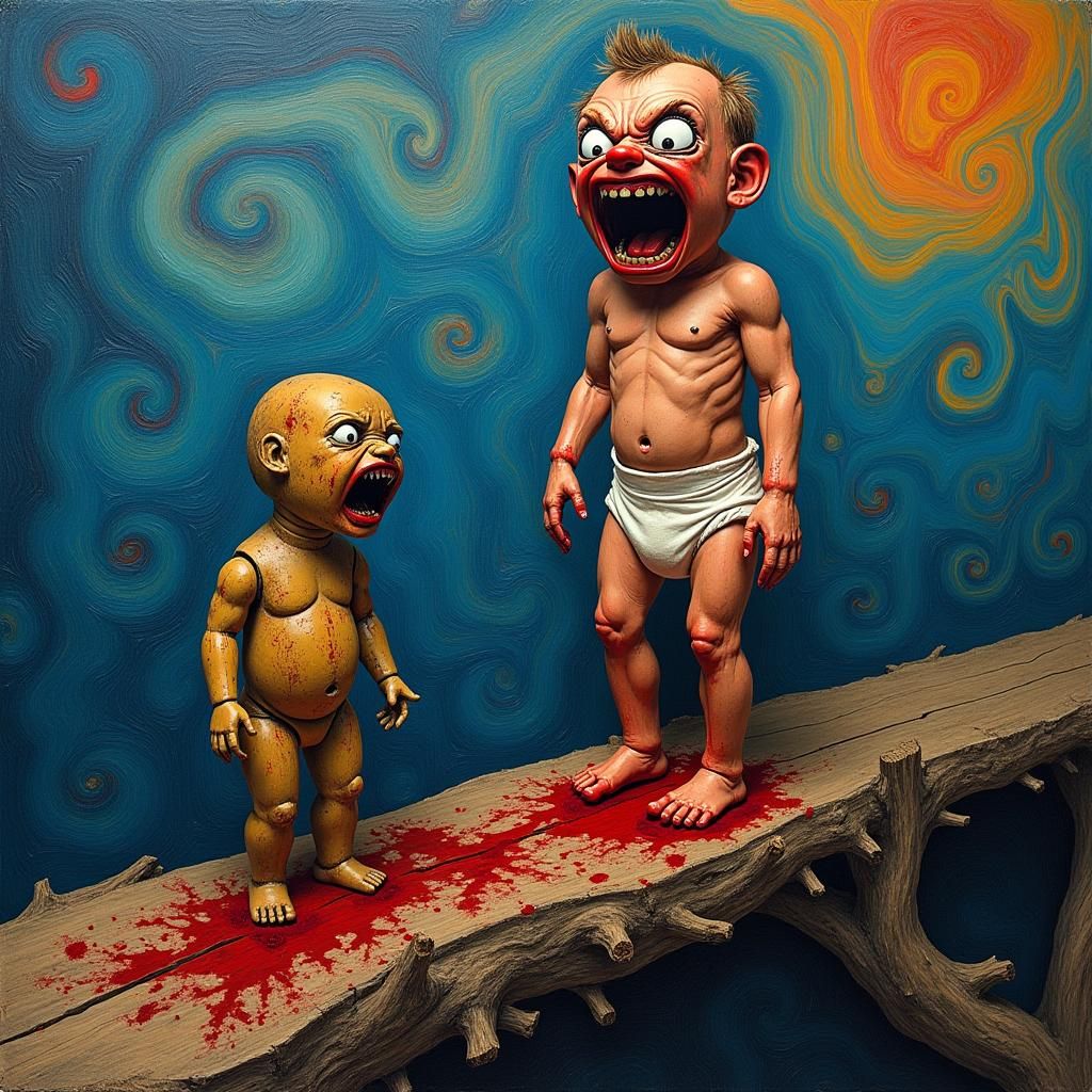 Emotive Anthropomorphic Scream on Bridge in Maximalist Style