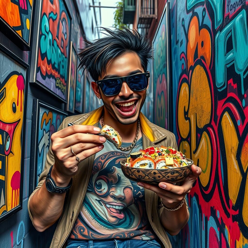 Street Artist Eats Sushi in Graffiti Alley