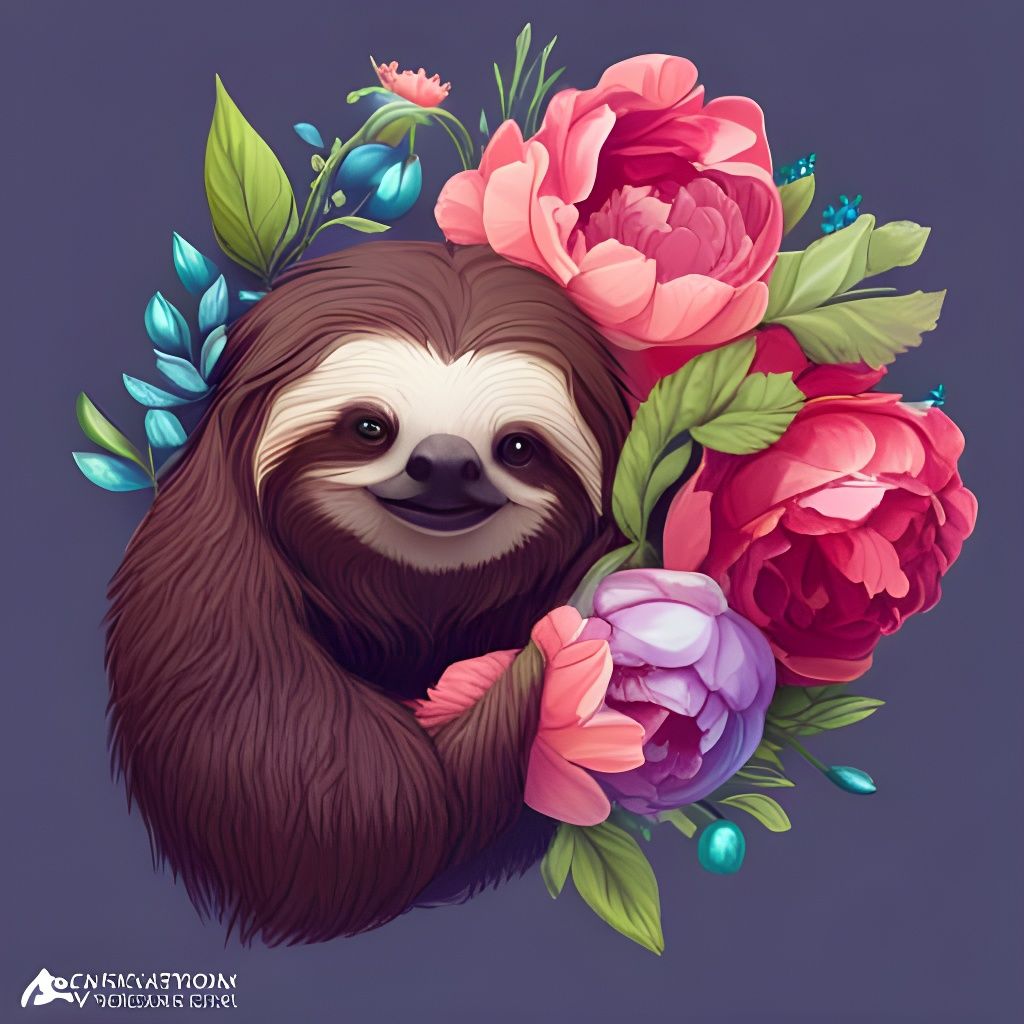 Realistic Sloth Portrait with Flowers in 8K