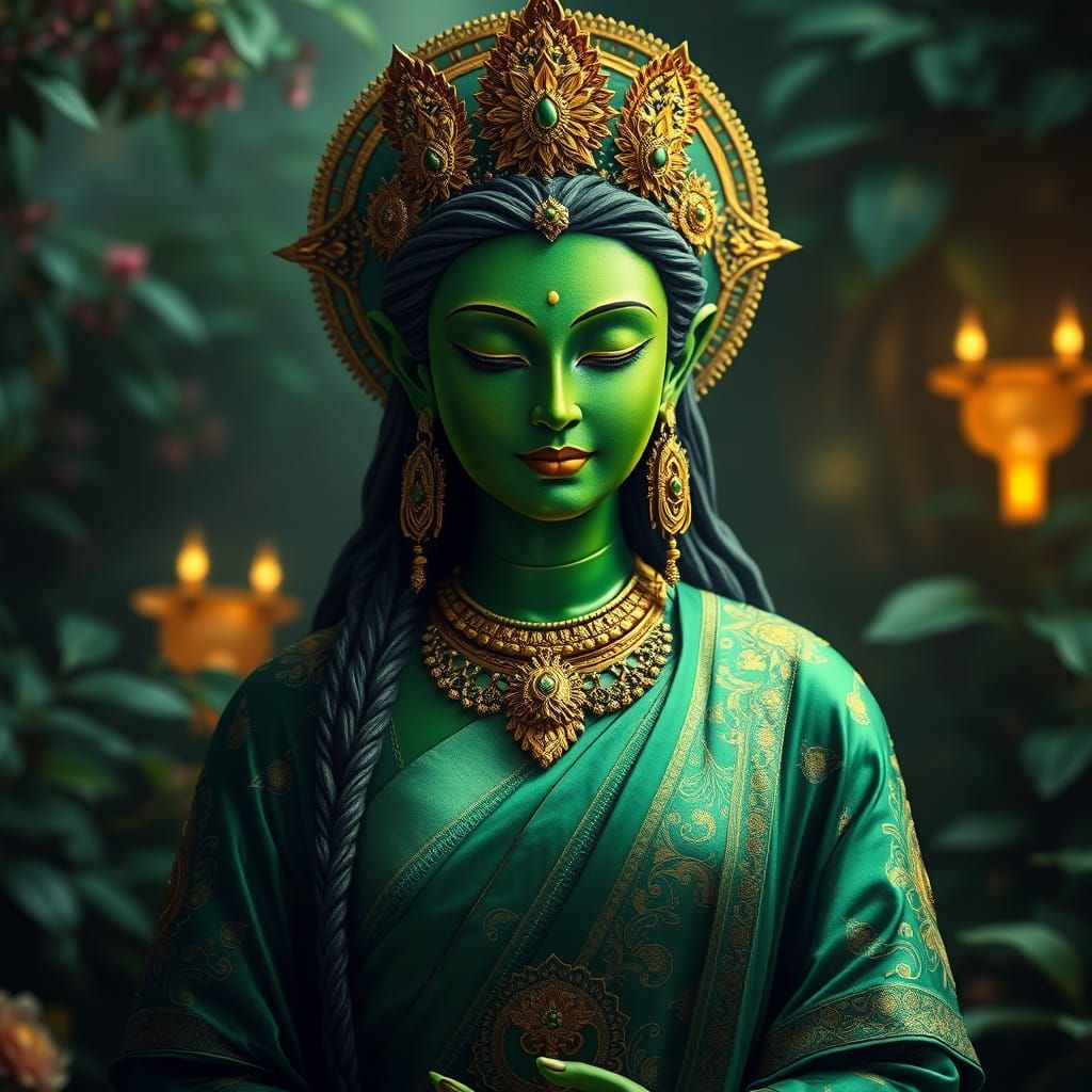 Goddess Green Tara in Lush Fantasy Realm