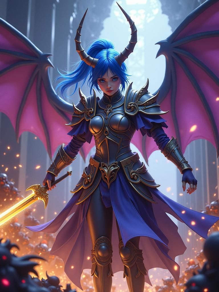 Blue-Haired Warrior in Holy Armor Battles Demons