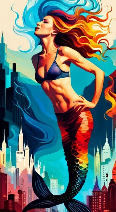 mermaid in deep ocean water City-scape