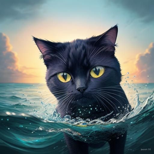 Hyperrealistic Cat Swimming in the Sea