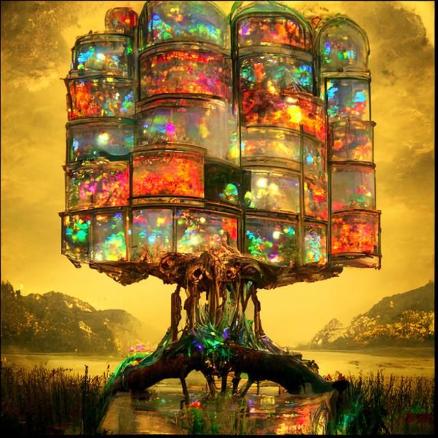 Lovecraftian Restaurant on Giant Tree in Fantasy Landscape