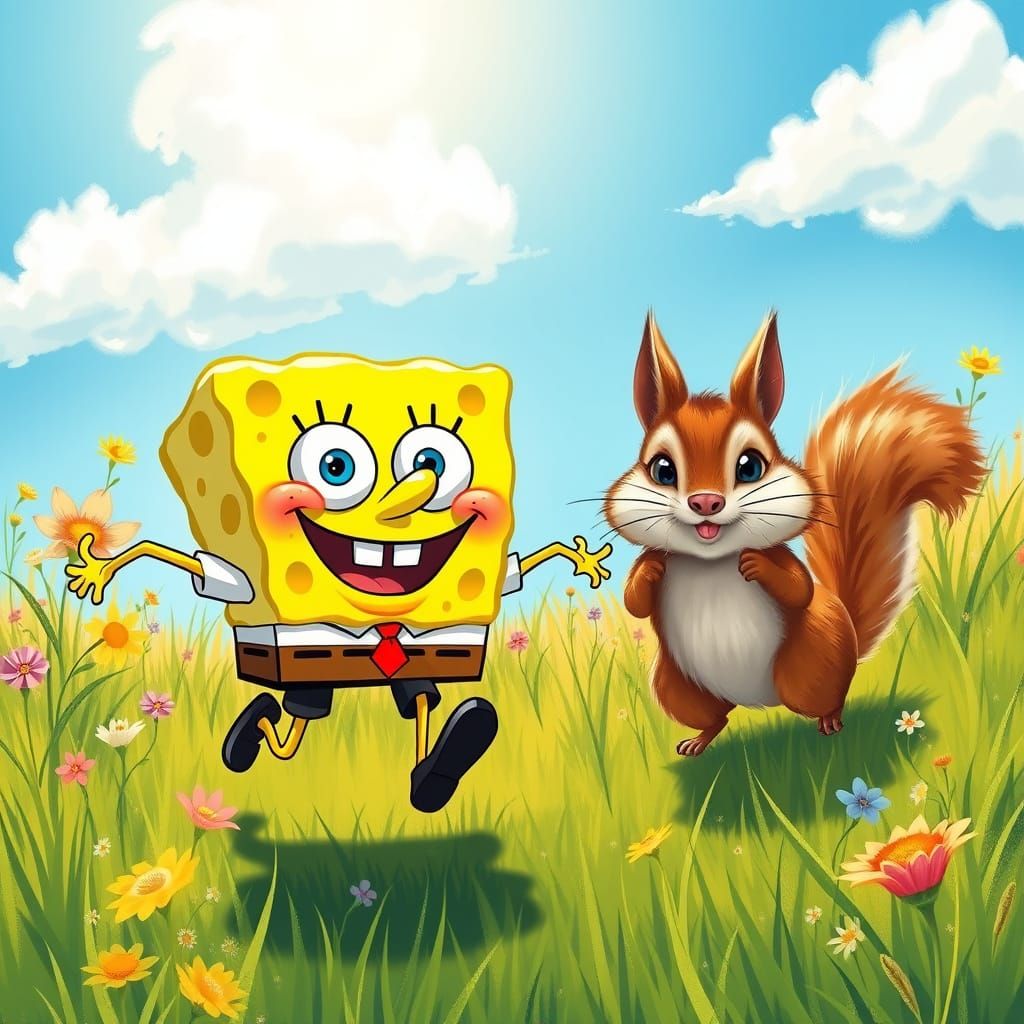 SpongeBob and Chipmunk in a Whimsical Meadow