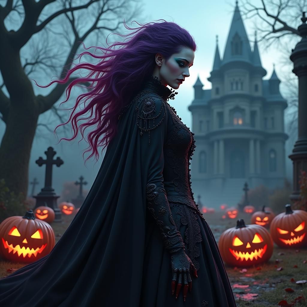 Gothic Vampire in Graveyard, Dreamlike Matte Painting