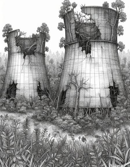Abandoned Cooling Towers Reclaimed by Forest in Detailed Dra...