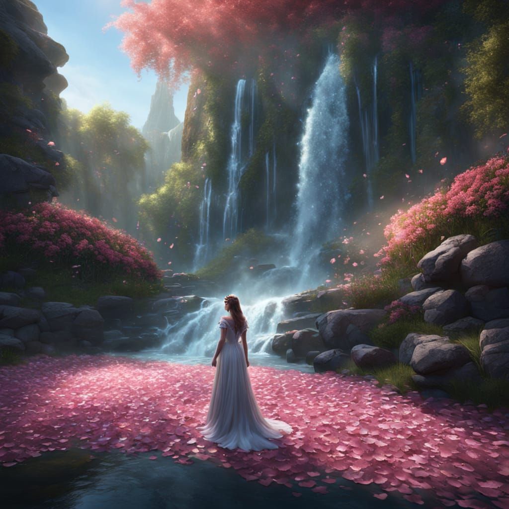 Princess Sings by Waterfall in Ethereal Petal Dress