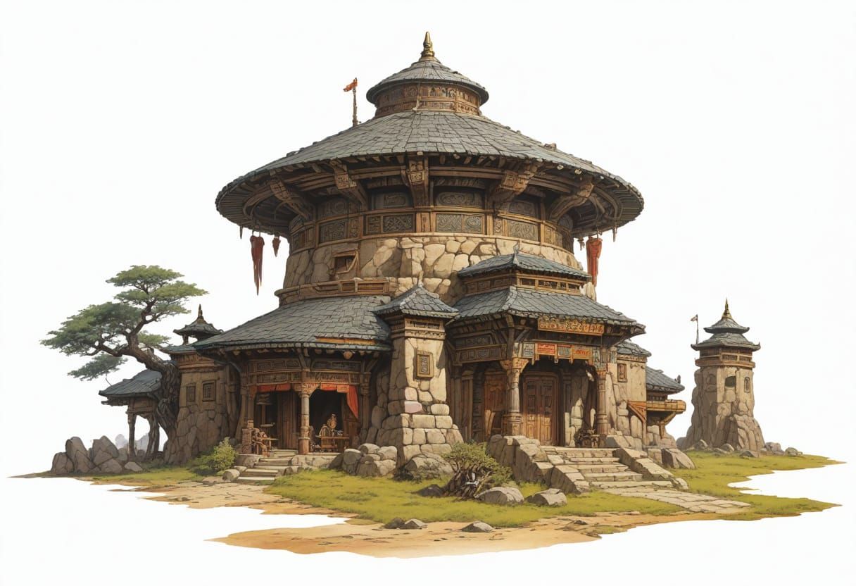 Mongolian Stone House Illustration in Heroic Fantasy Style
