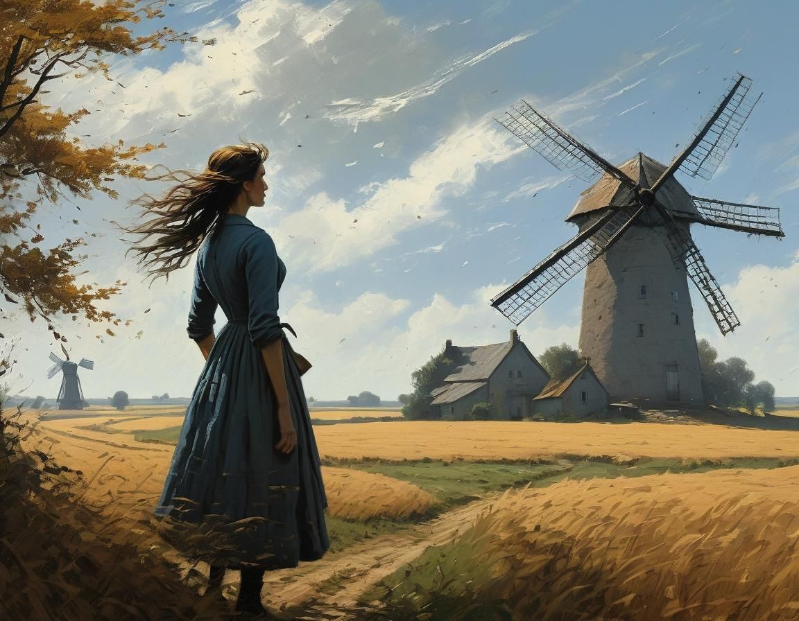 Farm Girl and Windmill in Romantic Style