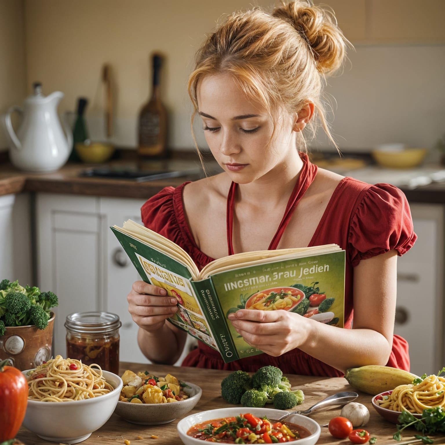 Girl Reading Cookbook in Red Dress, Professional Photography