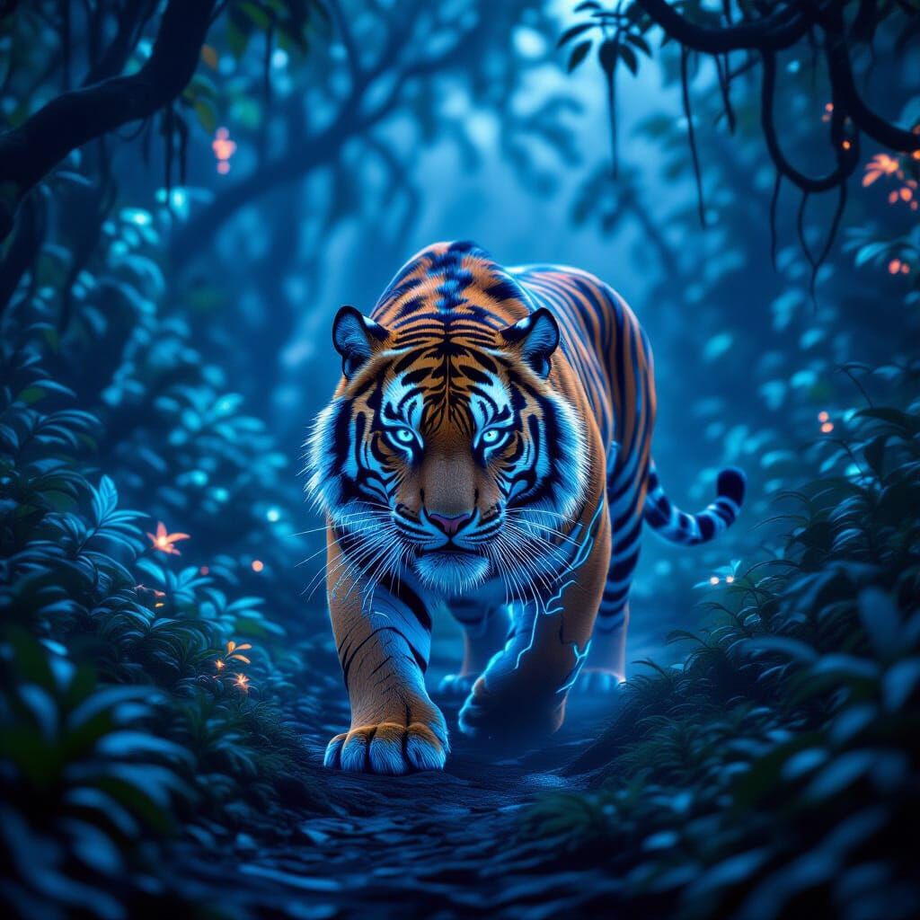 Cybernetic Tiger in Bioluminescent Jungle