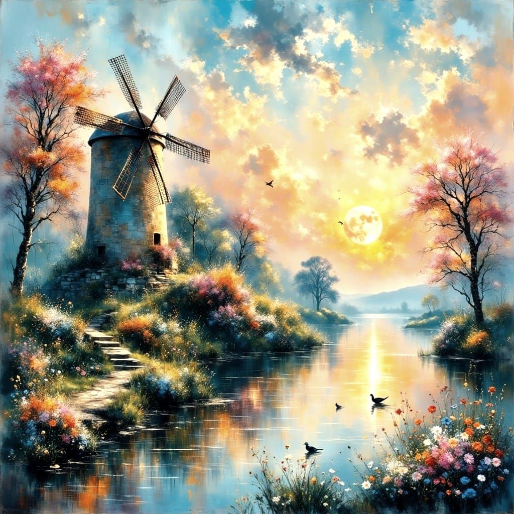 Whimsical Watermill Sunset in Pastel Hues