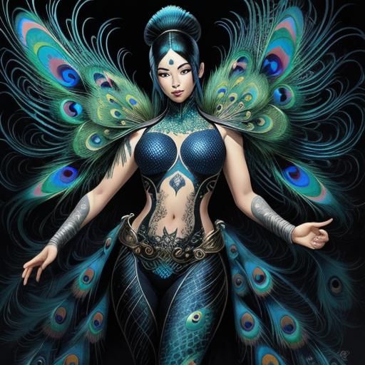 Striking Asian Woman with Peacock Feathers: Comic Book Art