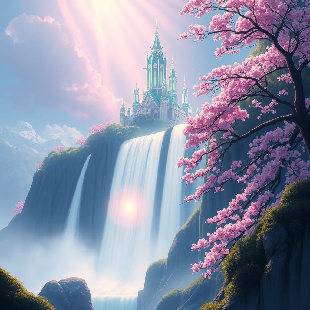 Crystal City Above Radiant Waterfall in Anime Style