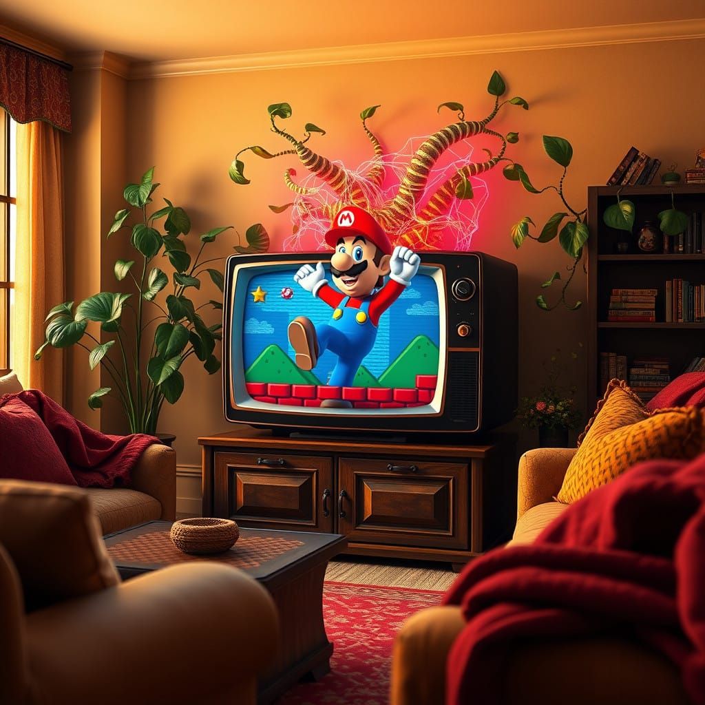 Mario Emerges from Vintage TV in Whimsical Fantasy Scene