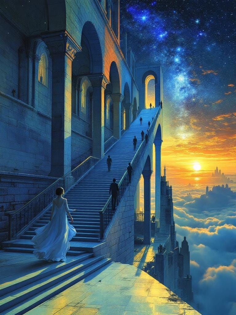 Surreal Stairway to Nowhere, Parrish-Inspired Art