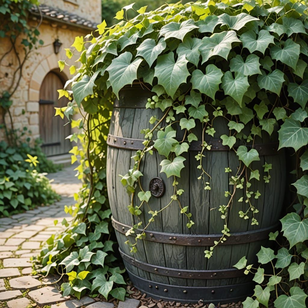 Ivy Vines Grow on Artillery Barrel as Watercolor