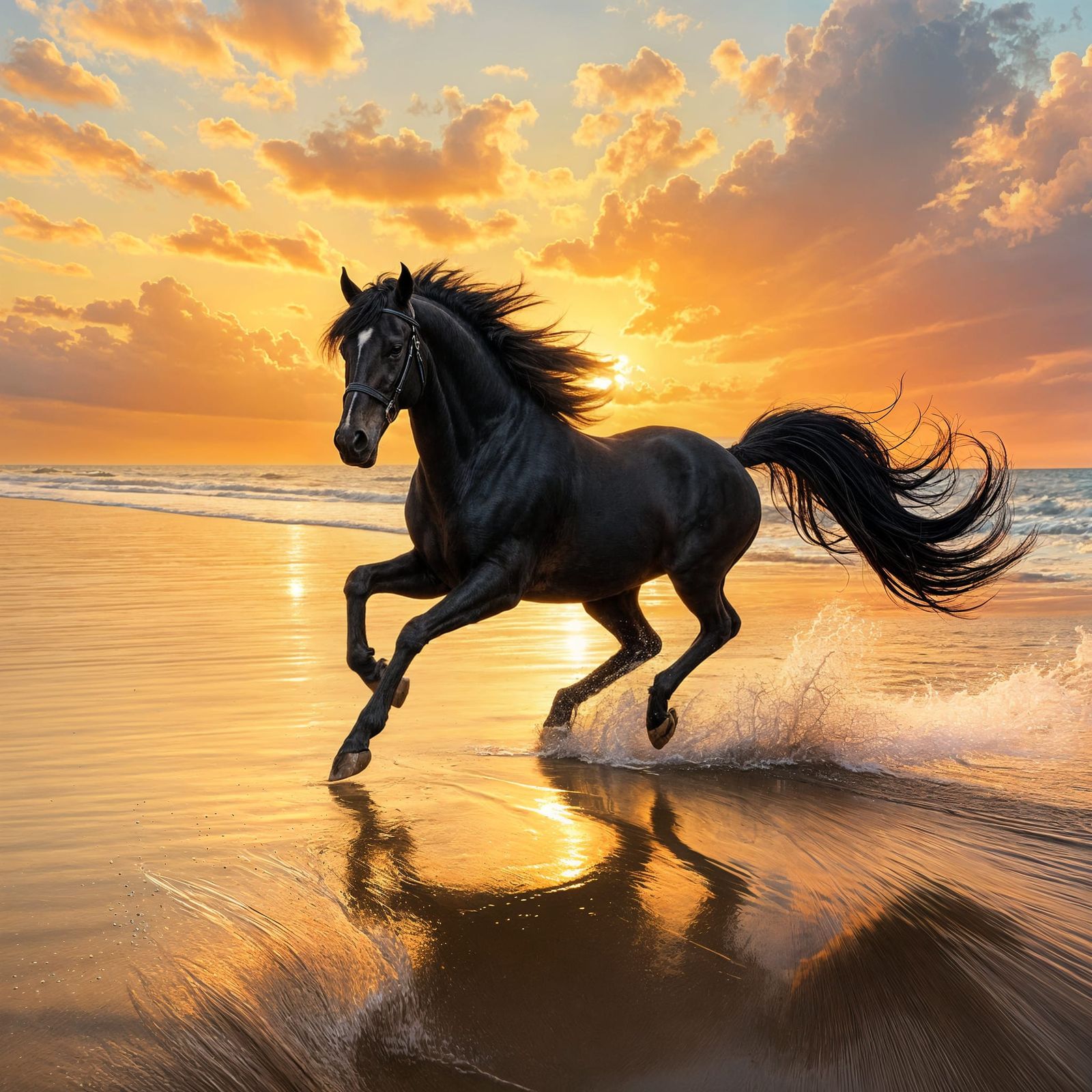 A Black Friesian Horse Runs Free in a Breathtaking Plage Sun...