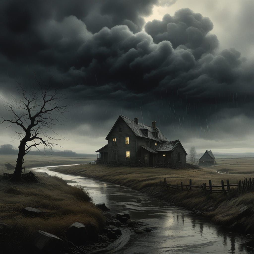 Farmhouse Silhouette Against Stormy Sky in Watercolor Style