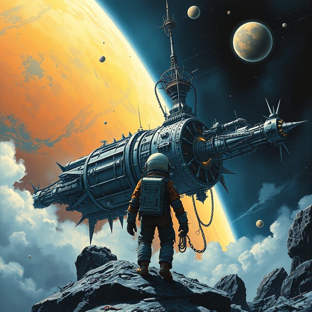 Astronaut Approaches Gothic Metal Space Station