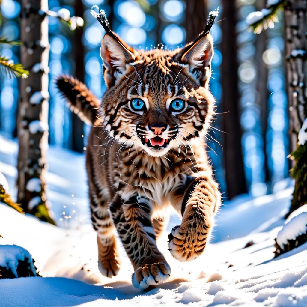 Bobcat Cub Runs Through Winter Forest