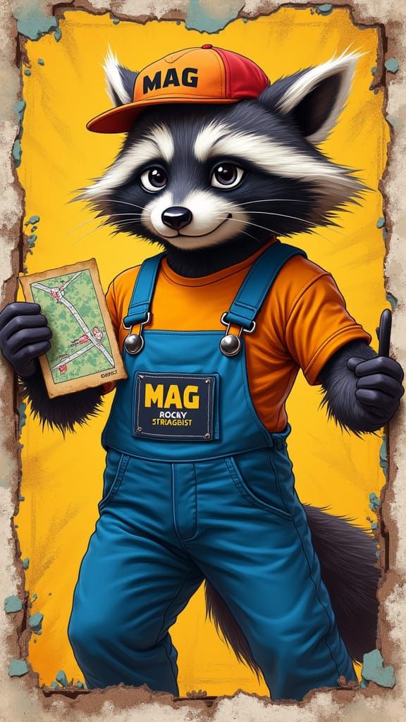 Rocky the Raccoon in Dynamic Action Pose, Trading Card Style...