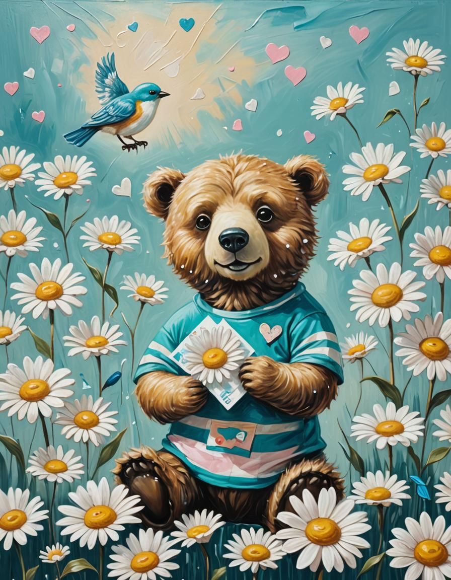 Bear with Daisies in Surreal Oil Painting