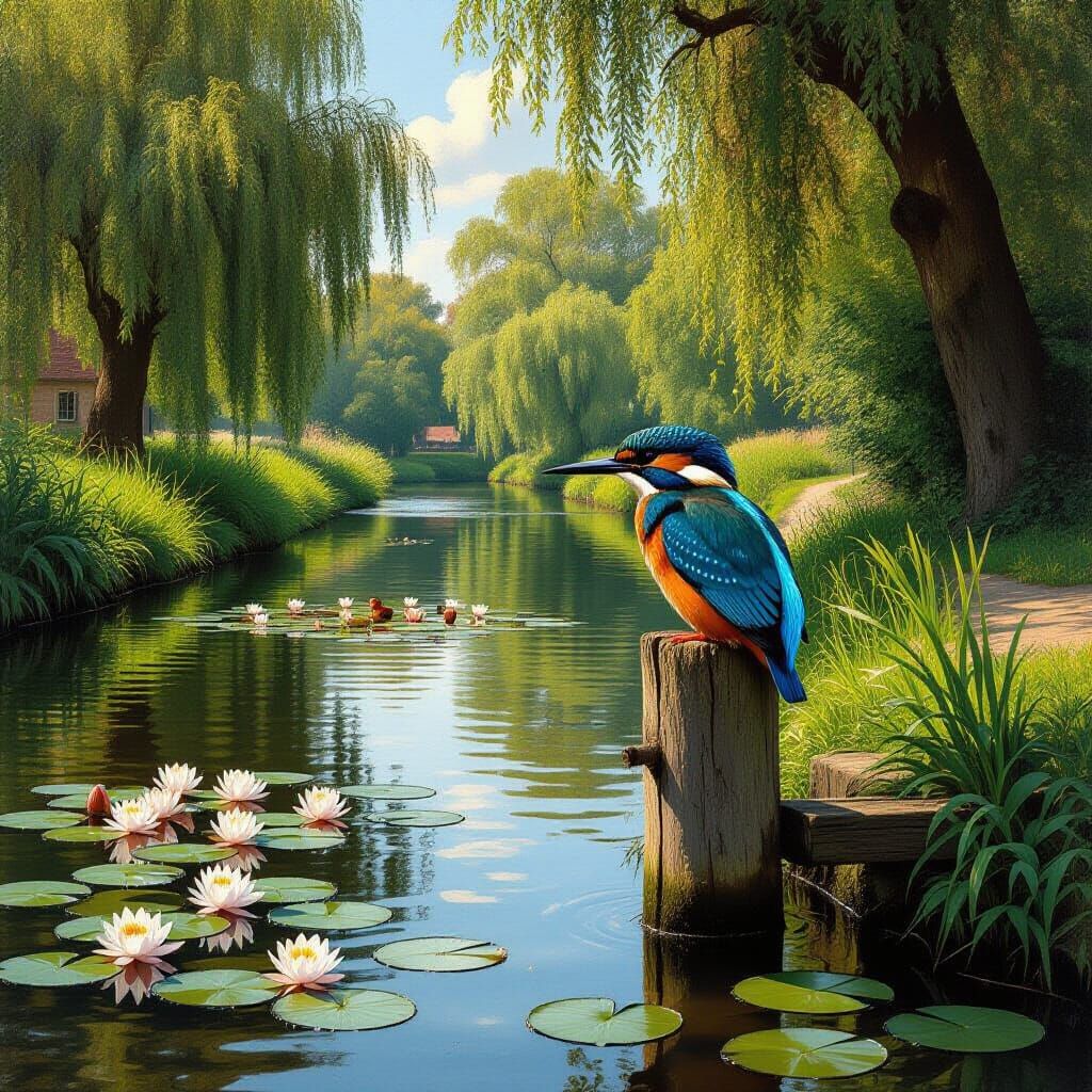 Kingfisher Perched by River in Vermeer Style