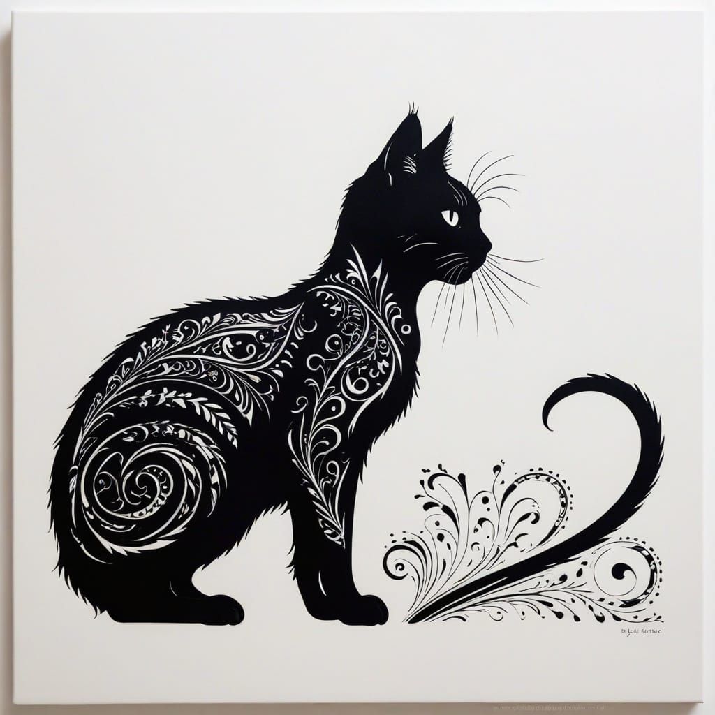 Black Cat Silhouette Stencil Art on White