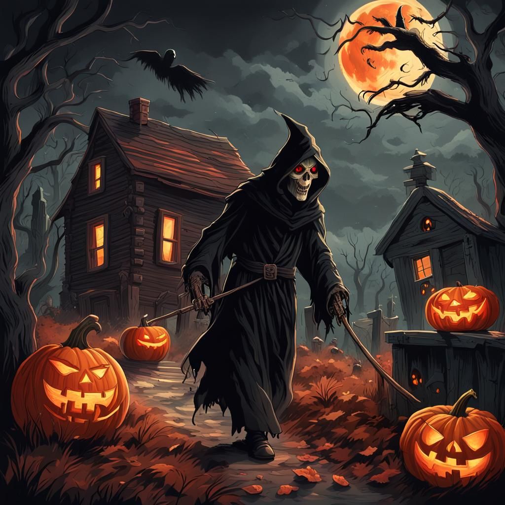 Eerie Grim Reaper Scene Under Bloody Moon