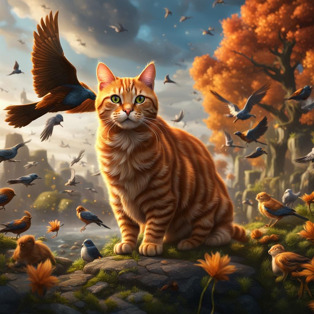 Orange Tabby Cat Hunting Birds in Detailed Matte Painting