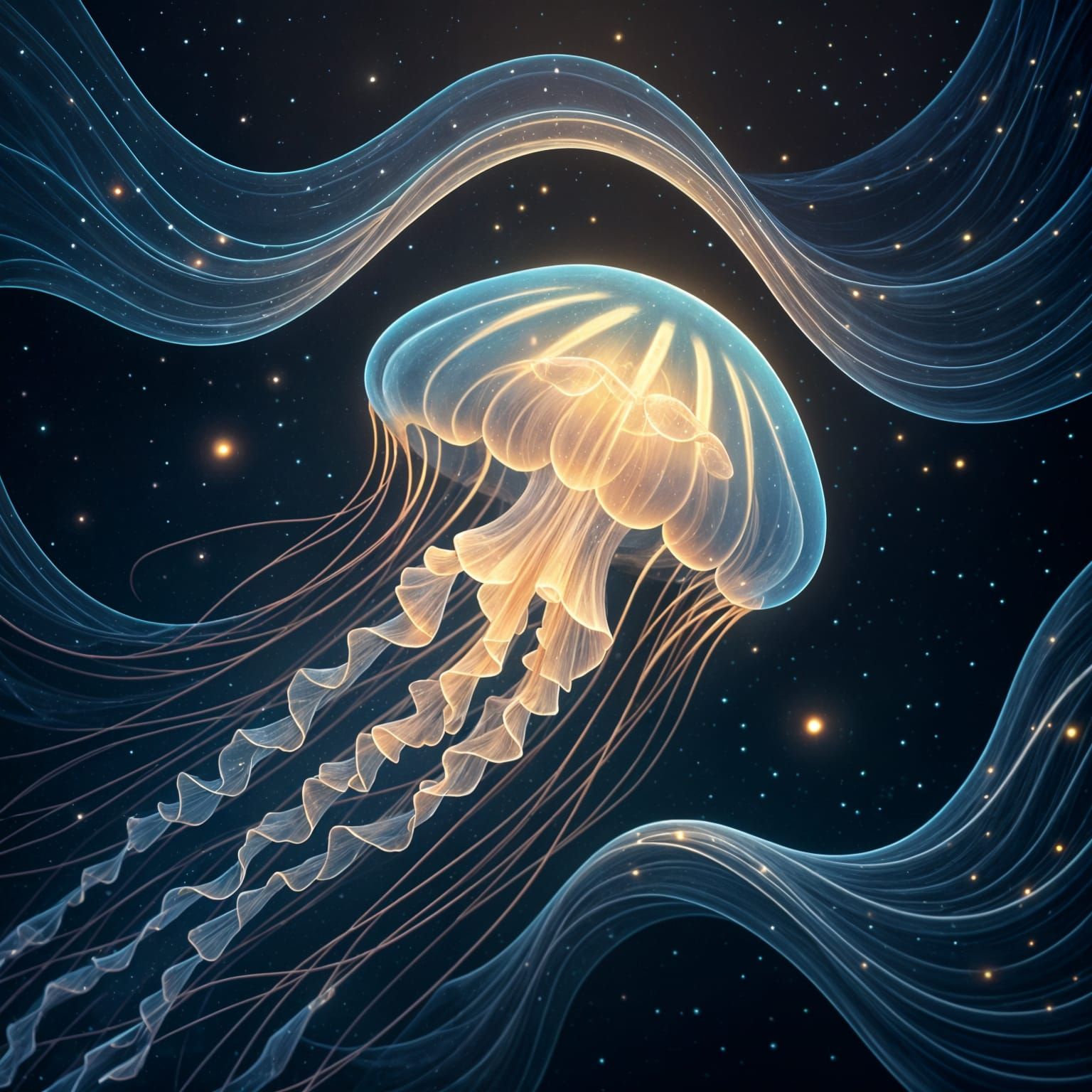Bioluminescent Jellyfish Drifting Through Starry Ocean