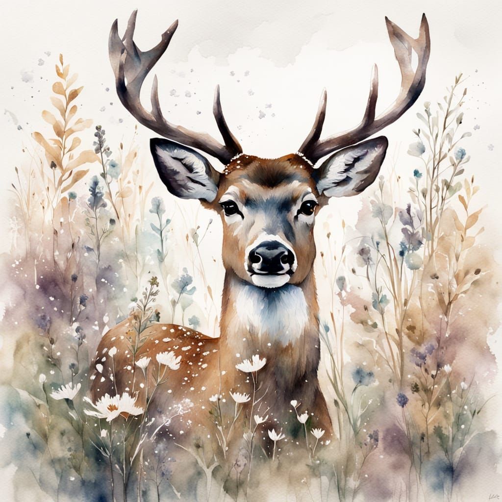 Serene Watercolor Deer in Snowy Winter Landscape