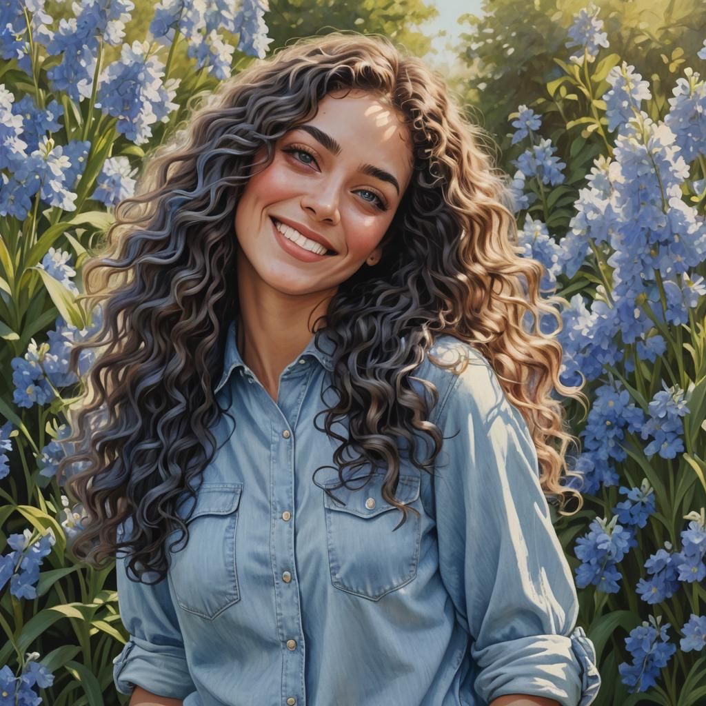 Beautiful Woman with Blue Eyes in Misty Garden