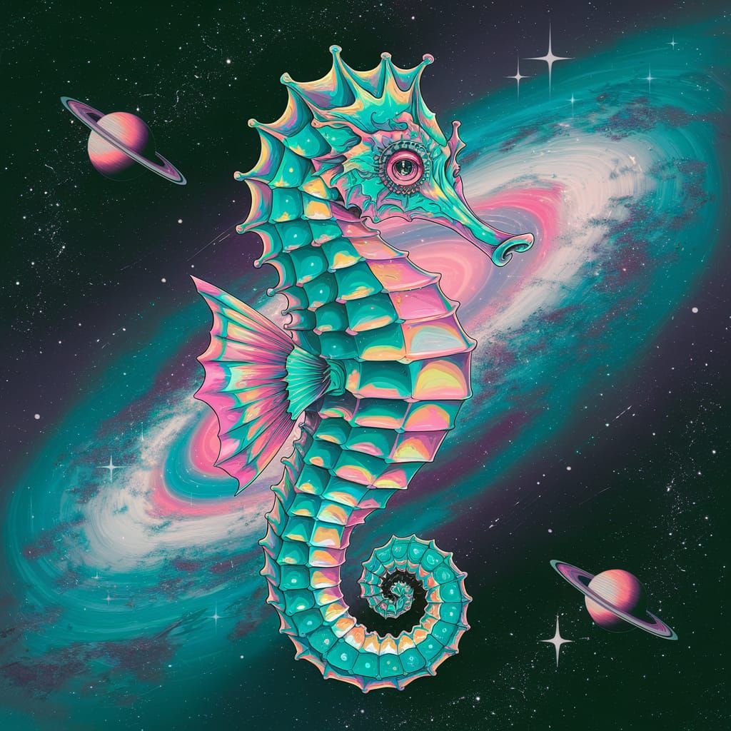Holographic Cosmic Seahorse in Psychedelic Illustration