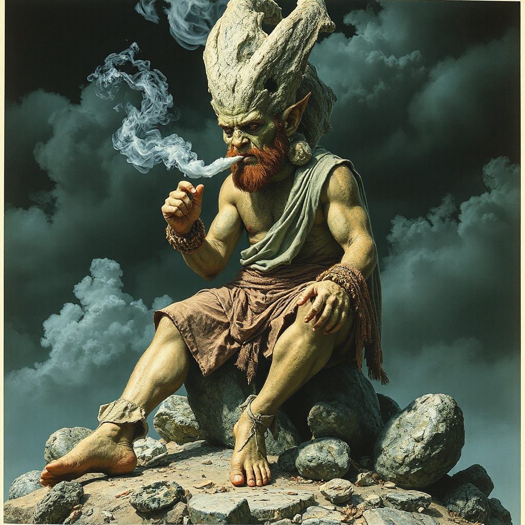 Ogre Smoking Pipe on Stone Throne in Dark Fantasy Style