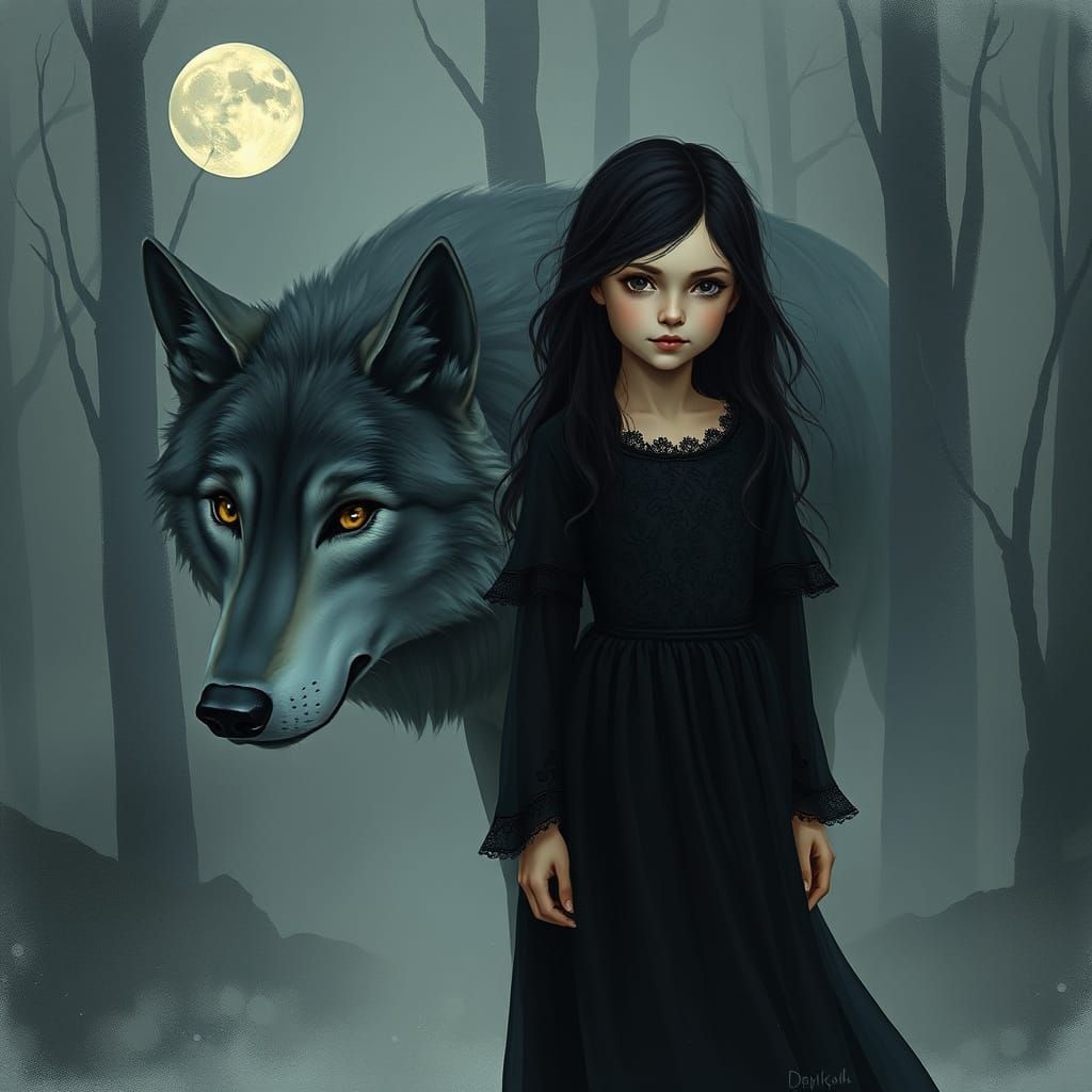 Dark-Haired Girl and Majestic Gray Wolf in Moonlit Forest