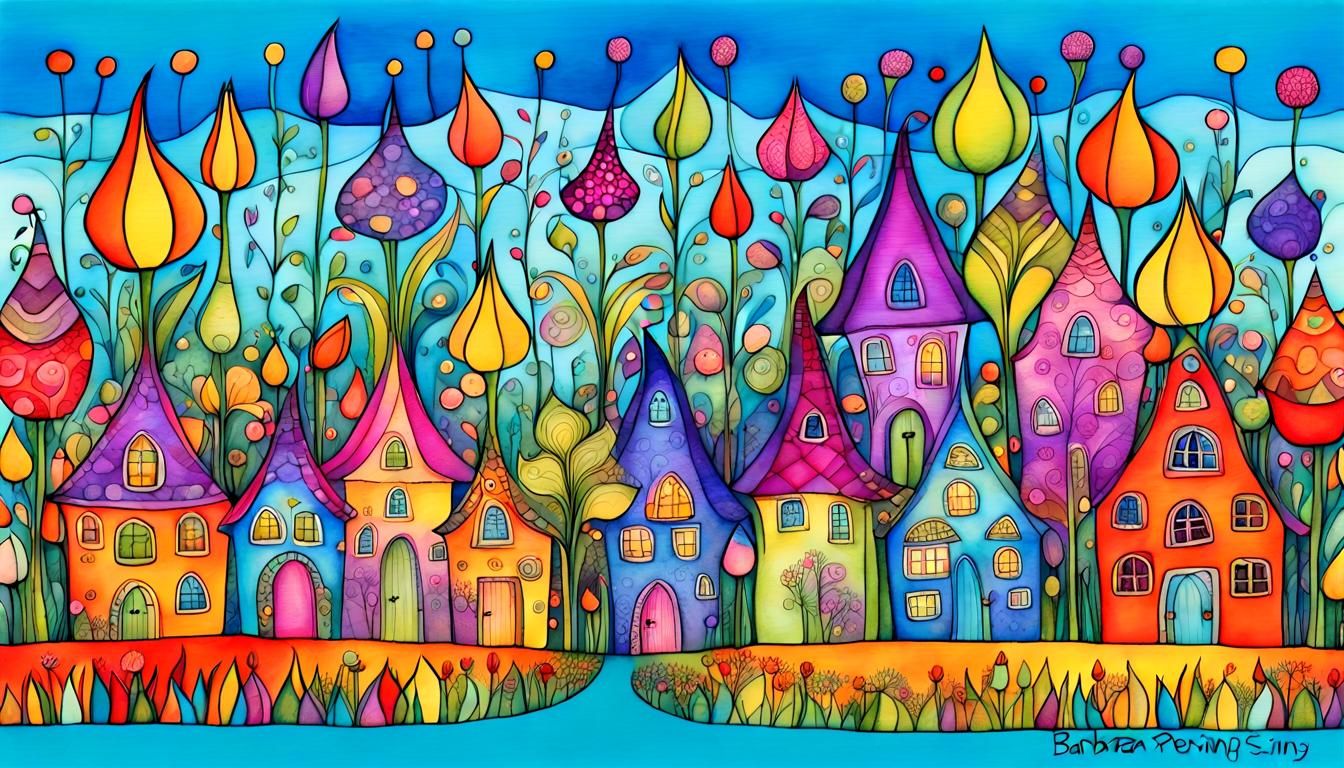 Whimsical Fantasy Villagescape with Fairytale Homes